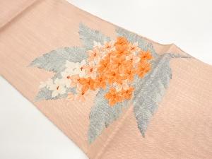 手織り真綿紬花葉模様織出し名古屋帯